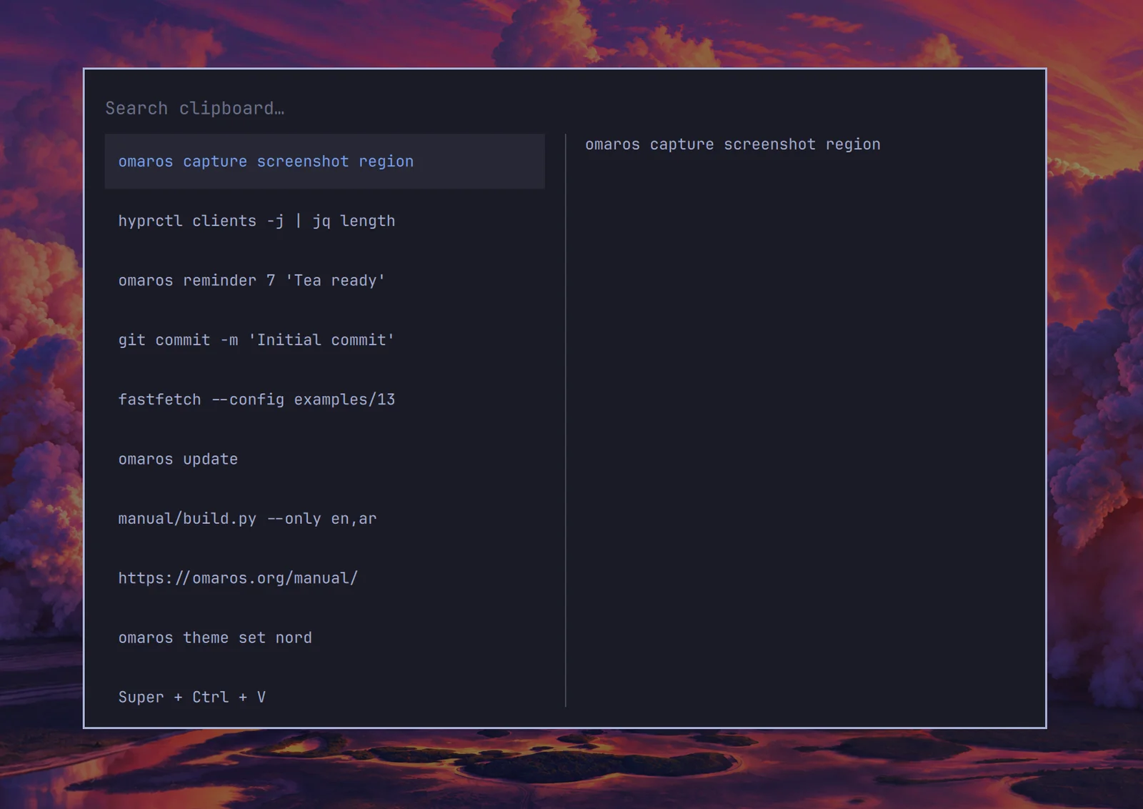 The clipboard history, listing recently copied text and images