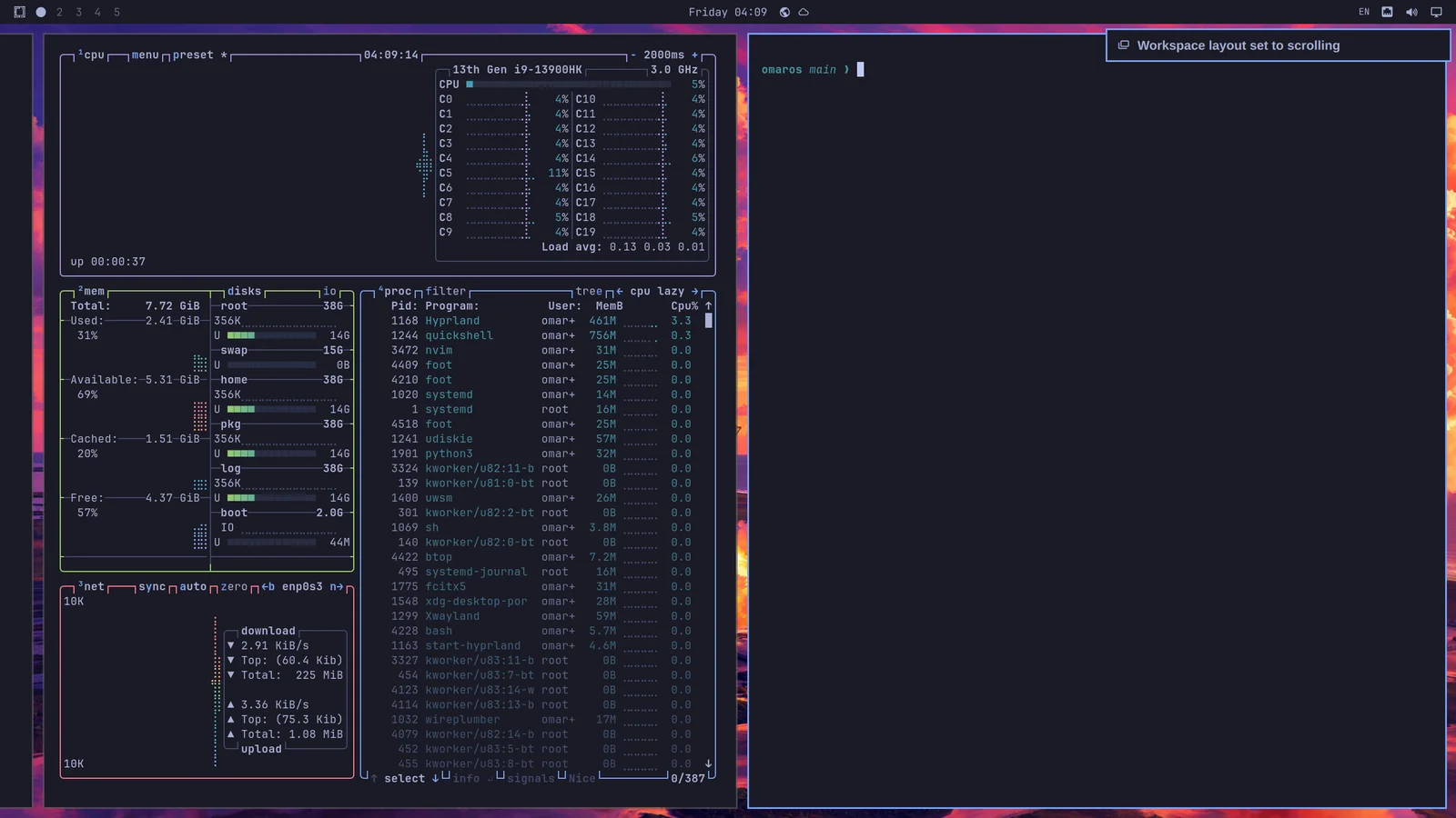 Two windows side by side in the scrolling layout: a system monitor and a terminal